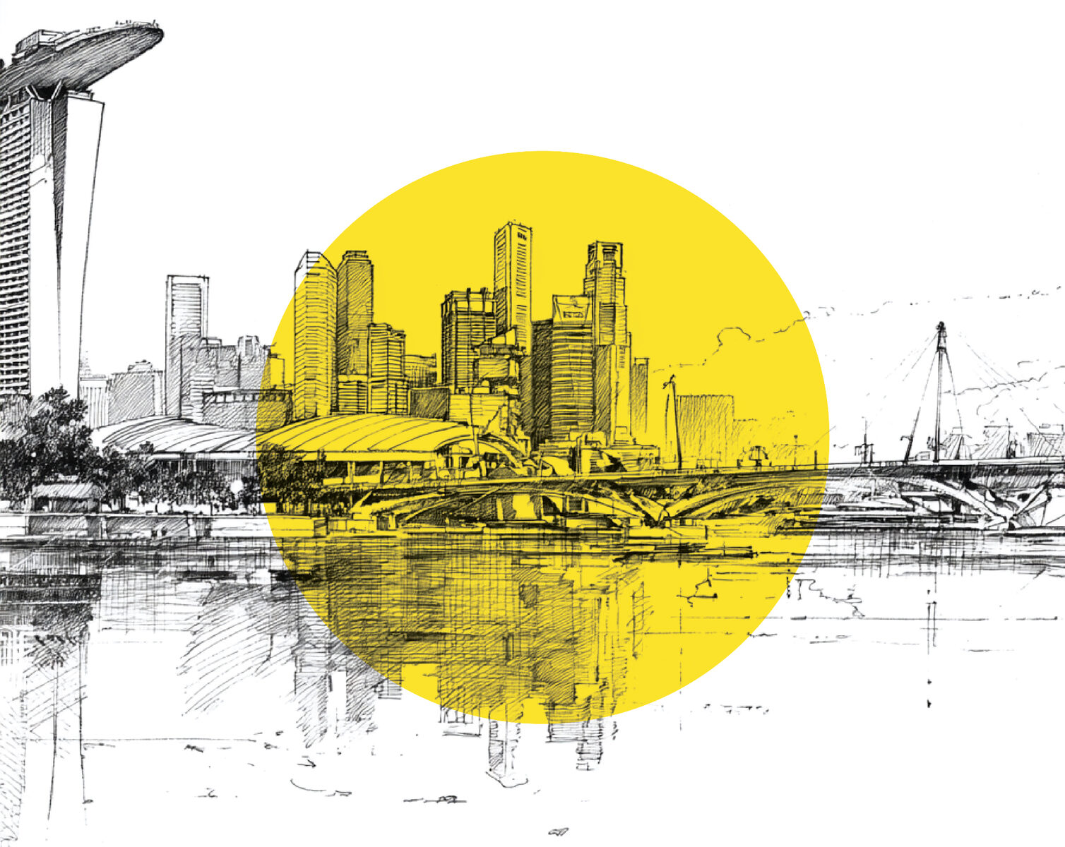 Pen-and-ink drawing of the Singapore skyline with a yellow circle over the city centre