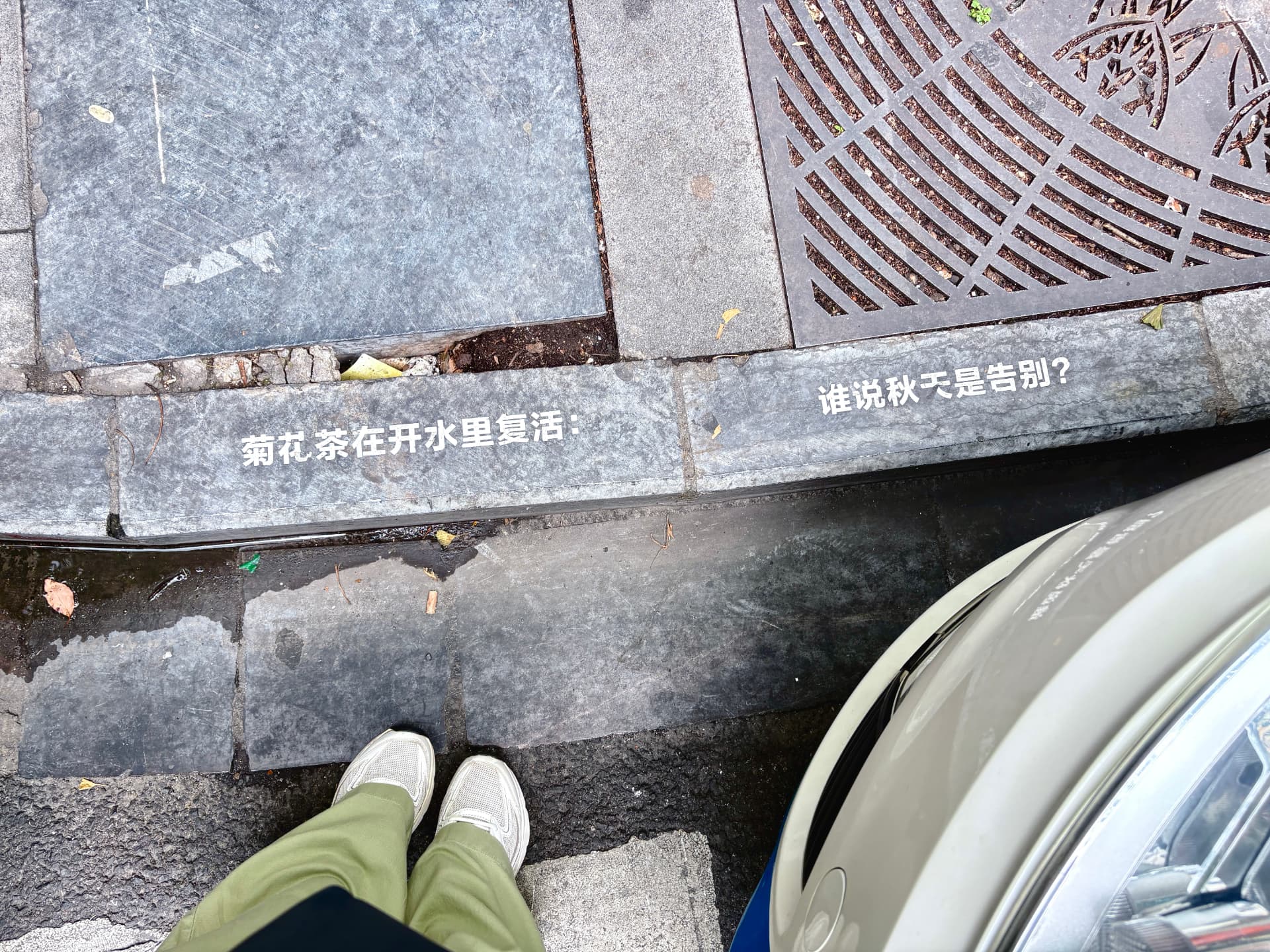 Looking down at a stone kerb in Kunming printed with a line of Chinese poetry in white, beside a tree grate, a parked car and the writer's feet.