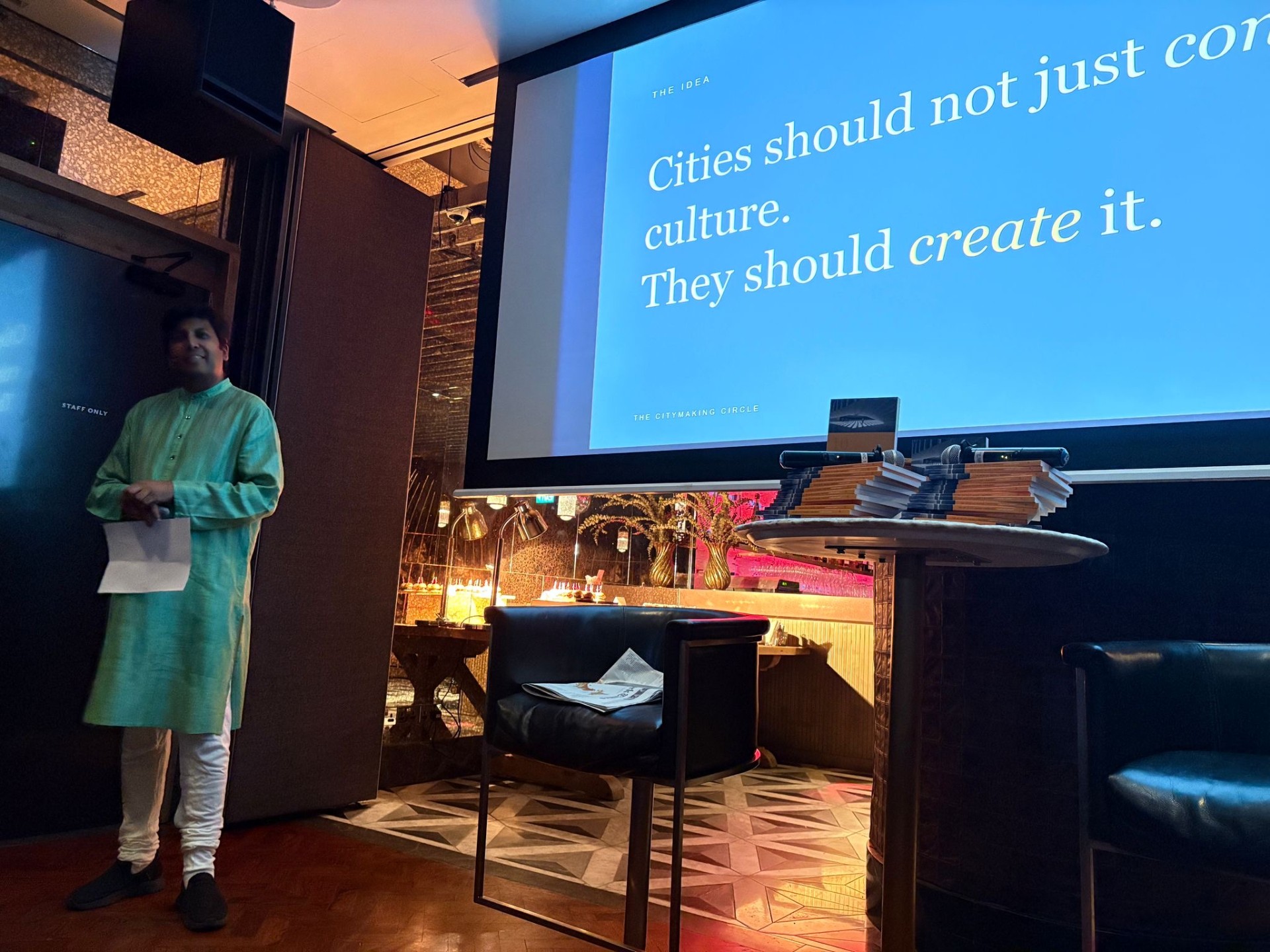 Anupam Yog presenting the opening slide — Cities should not just consume culture. They should create it.