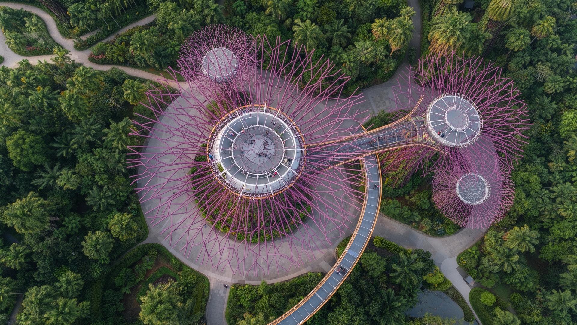 Aerial view of the Supertree Grove at Gardens by the Bay, Singapore — circular metallic canopies linked by the curving OCBC Skyway, surrounded by tropical greenery