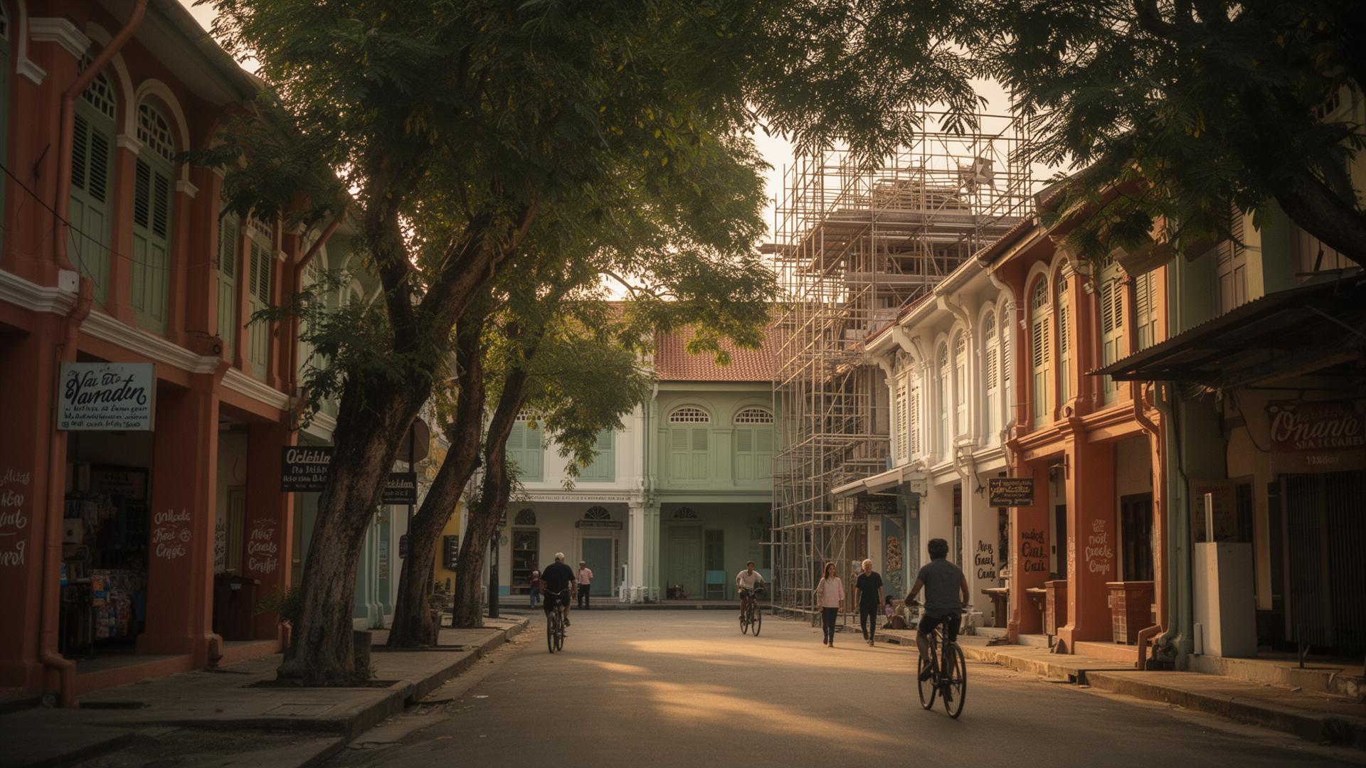 A regenerated street in the Asia-Pacific — independent shopfronts, pavement life, mid-rise fabric