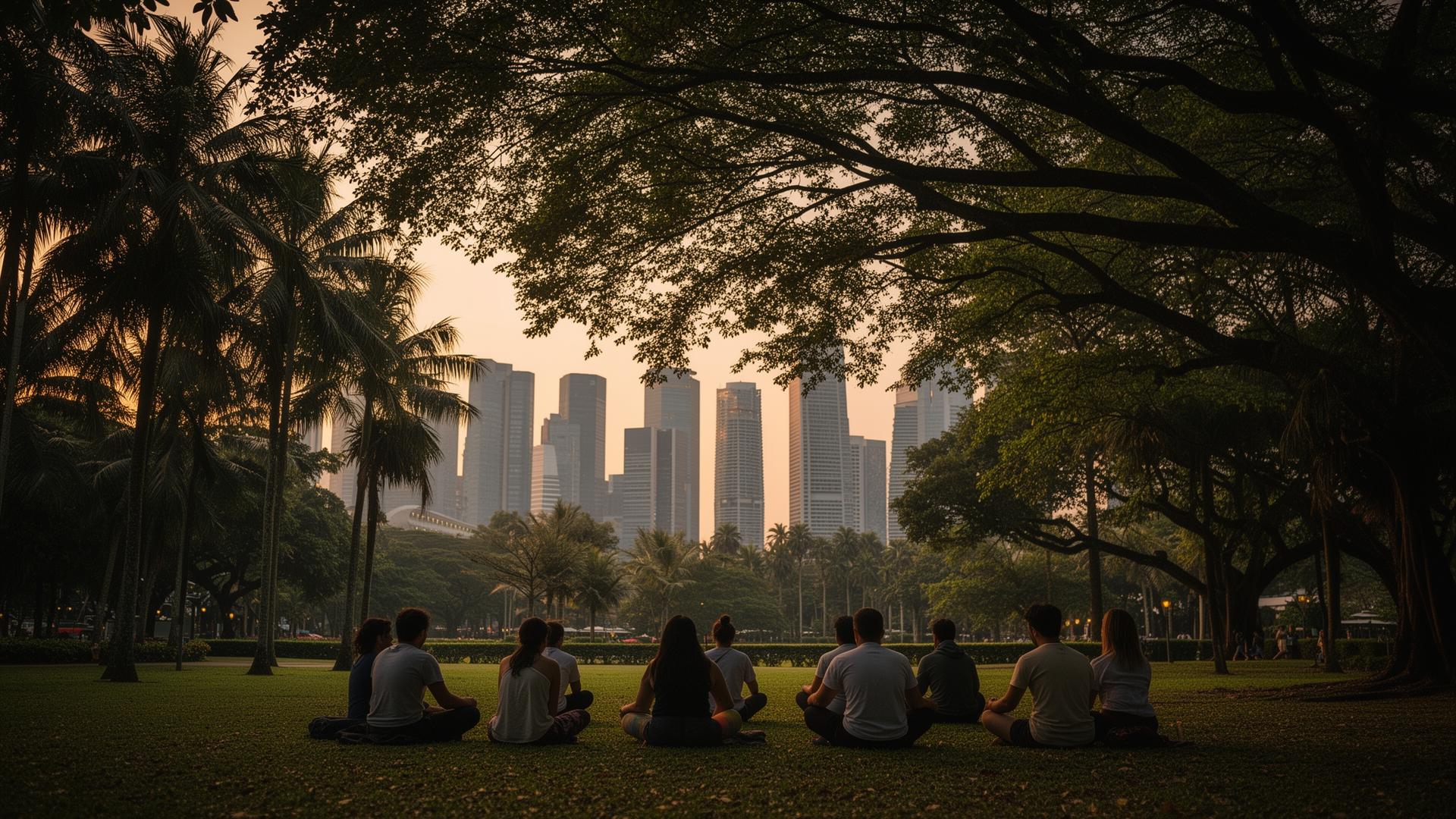 A small group sitting together on the grass in a tropical urban park at dusk, the Singapore skyline framed by rain-tree canopy.