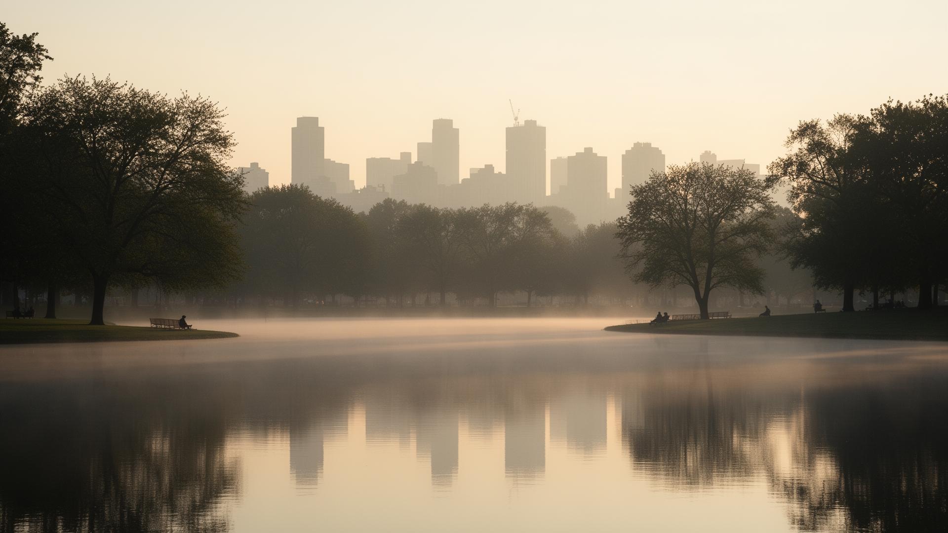 A still city park at dawn, mist over water, skyline silhouetted behind a line of trees.