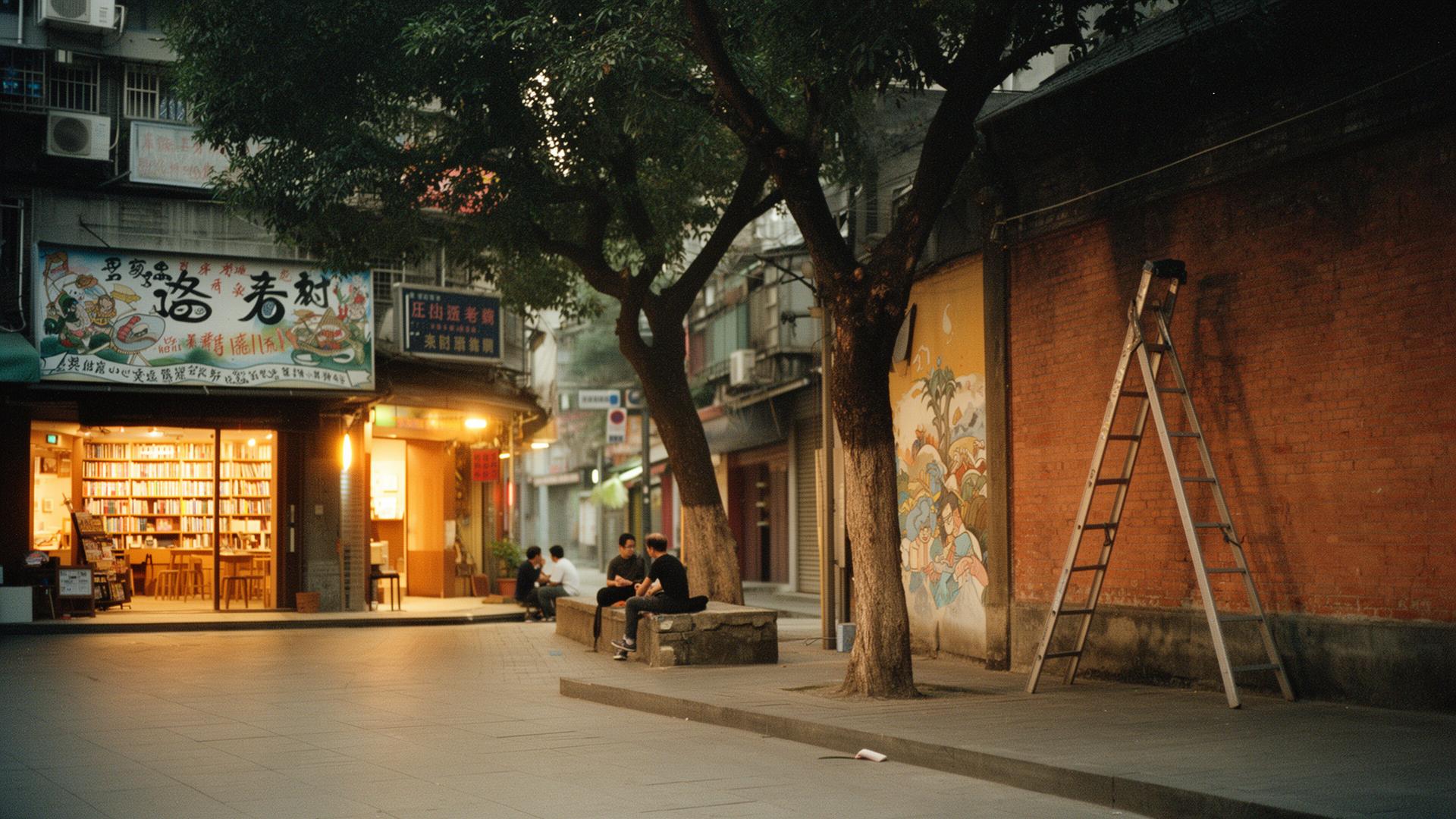 An Asian pedestrian street at dusk — an independent bookshop, a muralist's ladder mid-work, mature trees and warm shopfront light