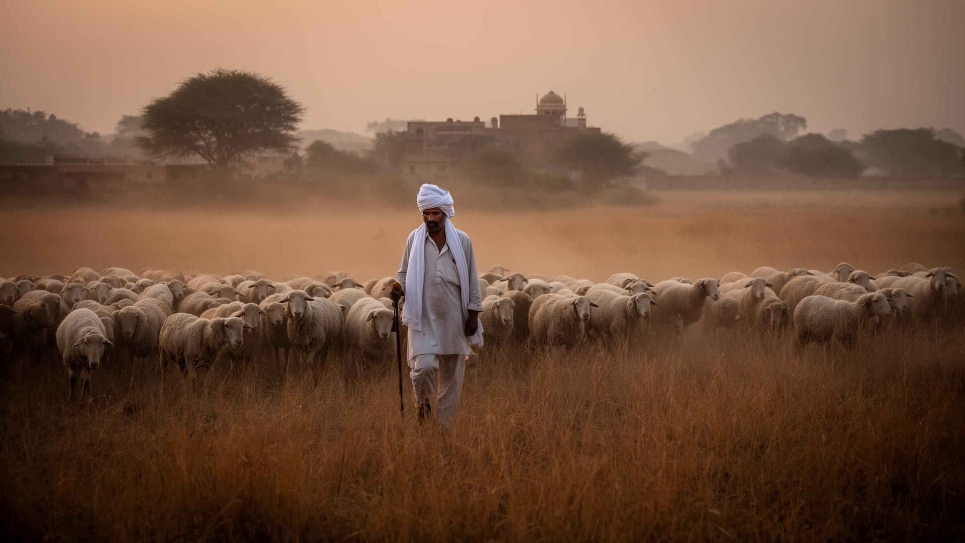 A Rajasthani shepherd in a white turban walking through dust-lit grasslands at dusk with his flock, the edge of Jaipur faint behind.
