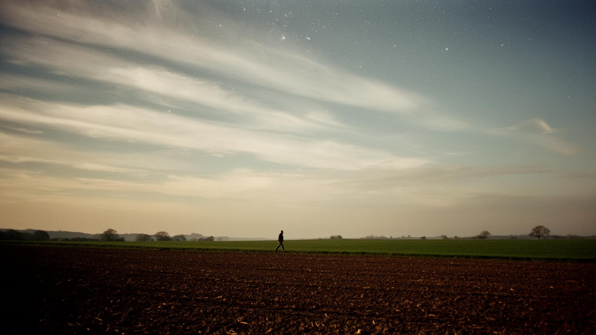 A small figure walking along the edge of a ploughed field at dusk, faint stars above a wide streaked sky.