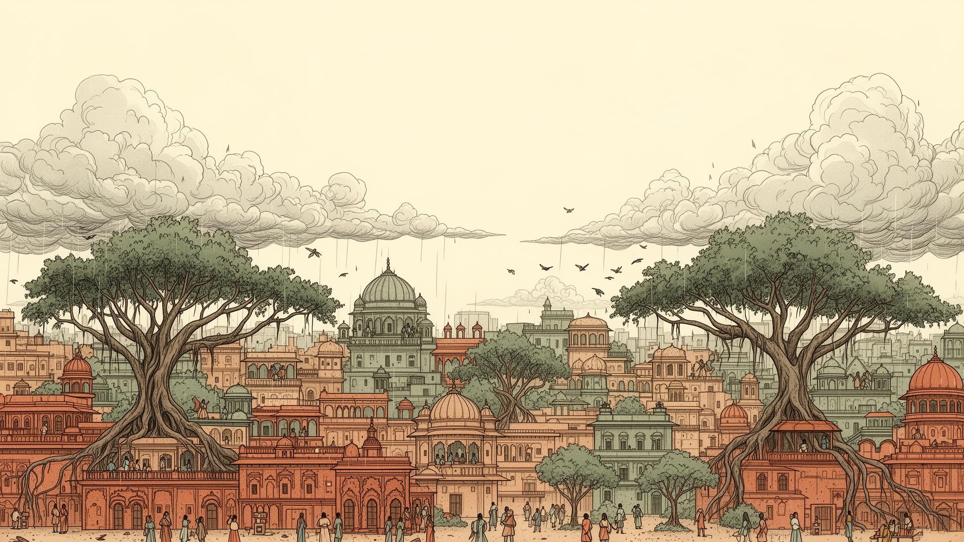 Habitat Summit 2.0 hero illustration — an Indian city of domes, temples and havelis nested under vast banyan trees and monsoon clouds, cities imagined as habitats