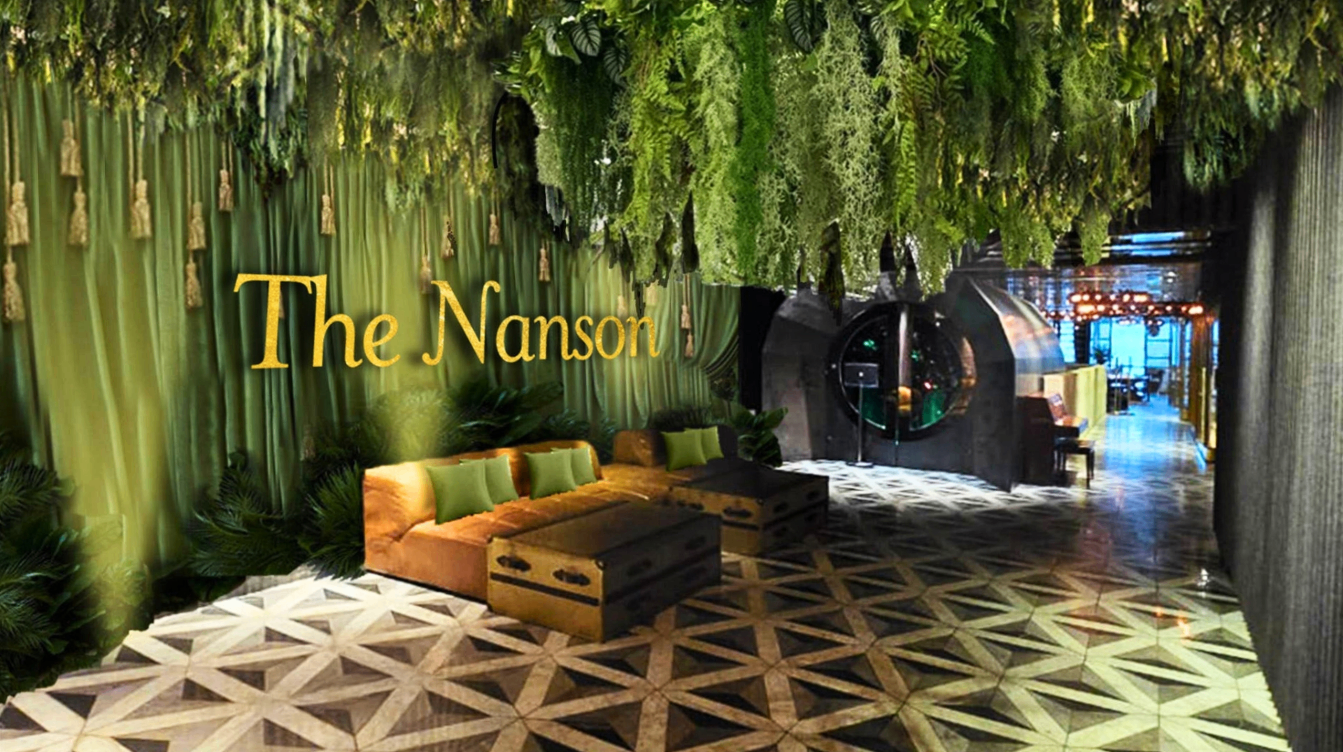 The Nanson Club — verdant interior with cascading foliage, signature gold script, and patterned floor